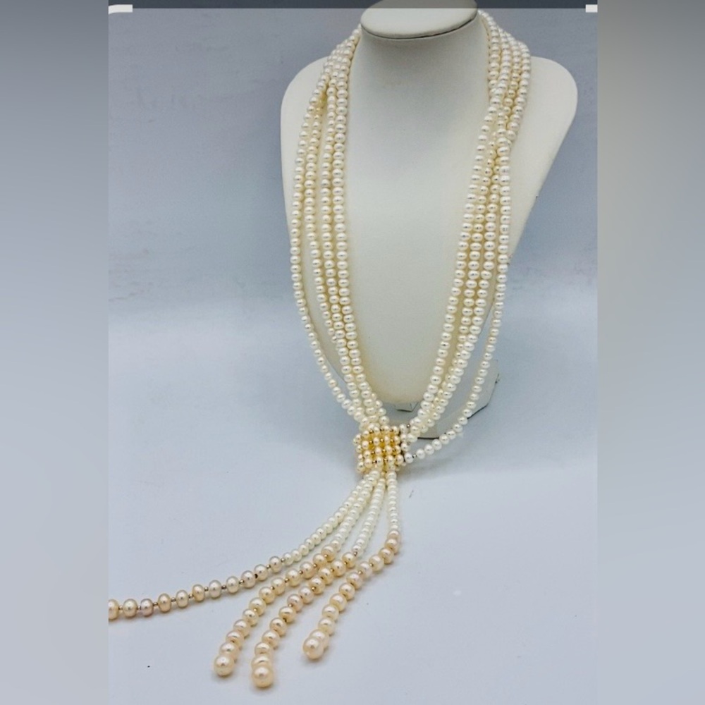 Vintage Elegant Unique Faux Pearl (Glass) Multi Strand  Lariat Style Necklace